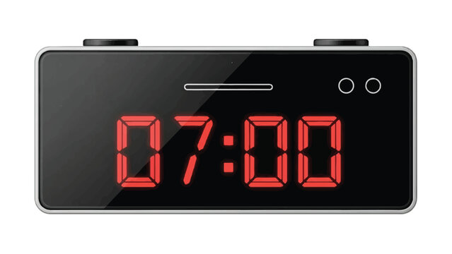 Digital alarm clock with seven-segment red display showing seven o'clock time and bedside functionality.