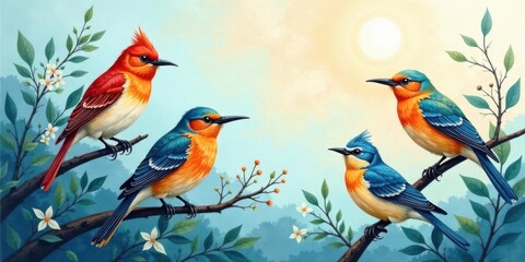 Fototapeta premium Vibrant avian quartet perched on blossoming branches under a serene sky, showcasing their iridescent plumage and natural beauty