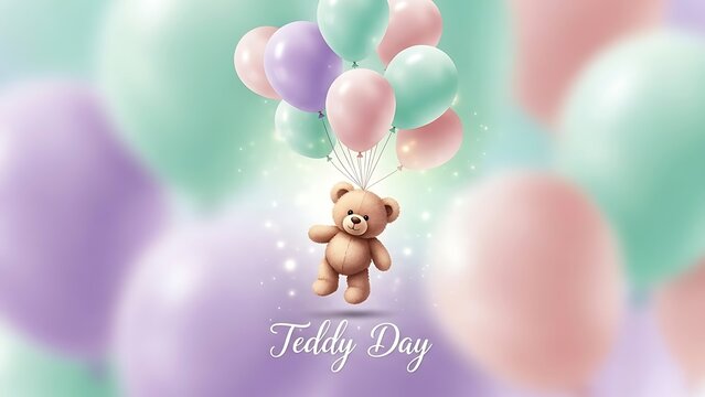 Teddy bear flying with balloons on teddy day