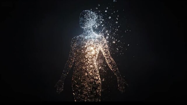 Abstract human silhouette dissolving into particles against dark background, identity and transformation concept.