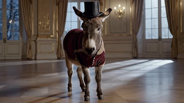 A dapper donkey wearing a top hat and a red velvet jacket stands in the center of an elegant, empty ballroom with large windows and wooden floors.