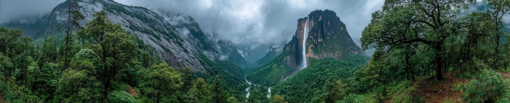 Epic cinematic view of Angel Falls plunging through mist from a towering cliff into lush rainforest under dramatic tropical clouds.