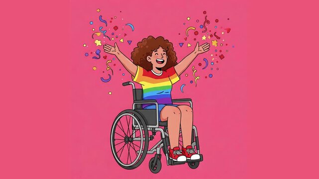 disabled person in the wheelchair wearing pride rainbow shirt illustration animation, disability pride