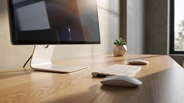 Modern workspace with desktop computer, keyboard, mouse and succulent plant providing a calm and