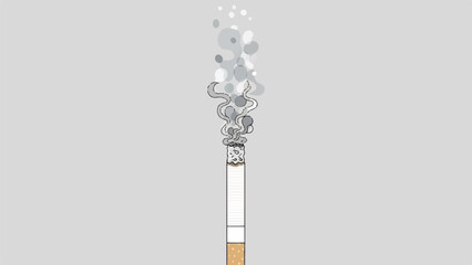 Fototapeta premium Smoldering cigarette emitting a plume of smoke against a plain gray background.