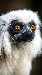 Obraz premium Close-up portrait of a white lemur with striking golden eyes gazing directly forward in a blurred, natural setting