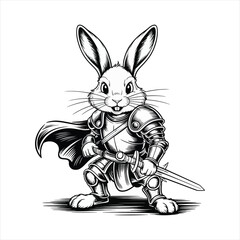 Epic bunny warrior character in full battle gear holding sword vector sketch