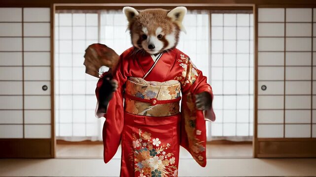 A red panda mascot wearing a beautiful red Japanese kimono in a traditional room.