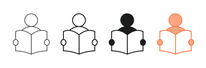 Set of minimalist person reading book icons with transparent background, depicting learning, education, knowledge, student, and academic study, vector illustration