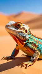 Fototapeta premium Colorful iguana rests on textured sand with dunes and bright sky in the background
