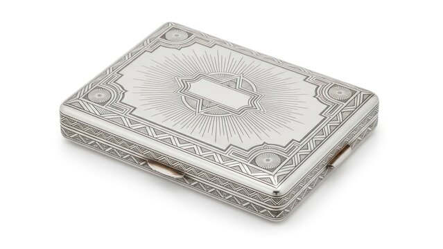 Close-up of an ornate silver cigarette case with intricate engravings on a white