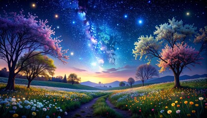 綺麗な夜桜と沢山の花と星空