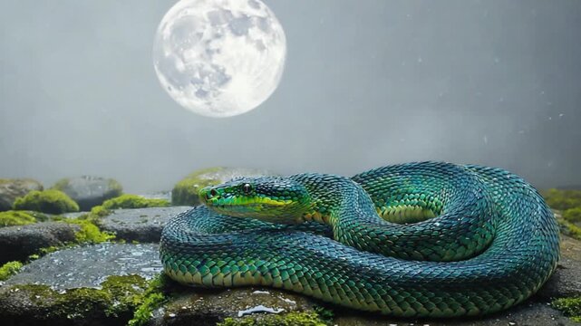 Moonlit green snake coiled on mossy rocks in mystical landscape