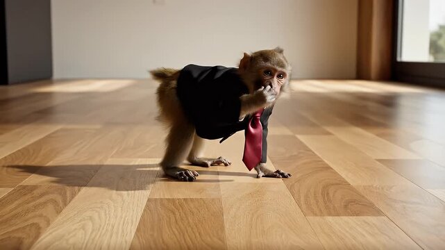 A small monkey wearing a black suit and a red tie on a wooden floor indoors.