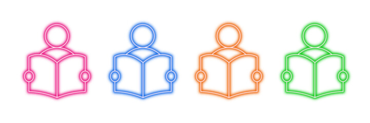 Neon glowing people reading vector icons set, education, learning, knowledge, study, literacy, glowing, vibrant colorful digital design illustration.