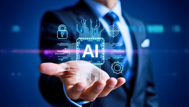 Artificial intelligence concept with a businessman holding an AI chip and digital icons of security, data, and technology