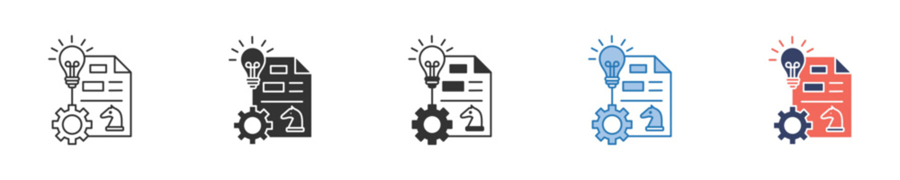 Streamlined conceptual icon set illustrating the dynamic process of innovative project development, idea generation, and strategic solution implementation within a digital document