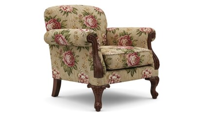 A floral armchair with wooden legs and arms on a white background