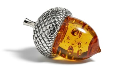 Close-up of a silver and amber-colored acorn-shaped object on a white background