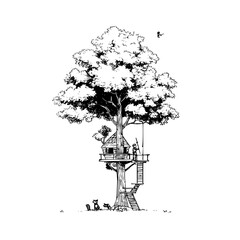 Fototapeta premium Treehouse with Kids Playing on Staircase and Birds Flying Nearby