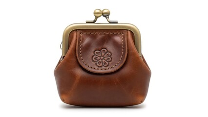 Brown leather coin purse with gold clasp and flower design on white background