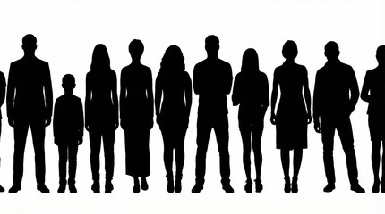 Silhouettes of diverse people standing in a row,highlighting human diversity,community connection,social identity and group unity