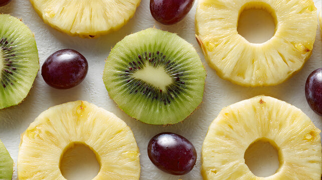 pattern of ripe pineapple rings kiwi slices purple grapes simple elegant scattered on white background healthy snack