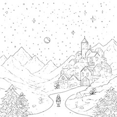 Winter Village under Starry Night Sky with Snowy Mountains