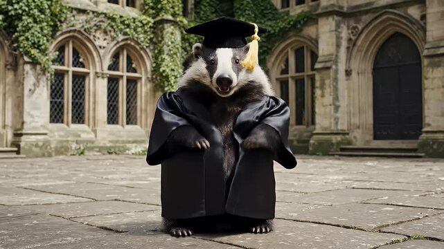 A charming badger dressed in a black graduation cap and gown stands proudly in a historic university courtyard.