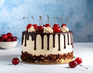 Cream cake with dark chocolate drizzles and fresh cherries on top; cherries in bowl at left and on table
