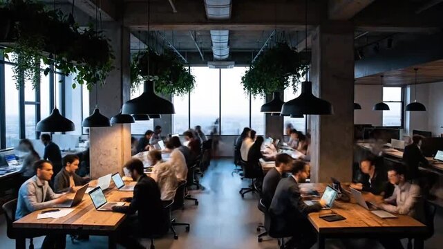 Busy Coworking Space Timelapse with Digital Nomads Working on Laptops