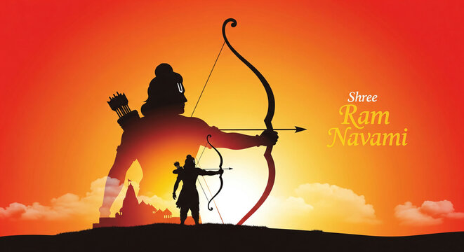 Shree Ram Navmi" Marathi, Hindi Calligraphy, lettering written text means Shree Ram Navmi with Lord Ram vector illustration and Ayodhya temple