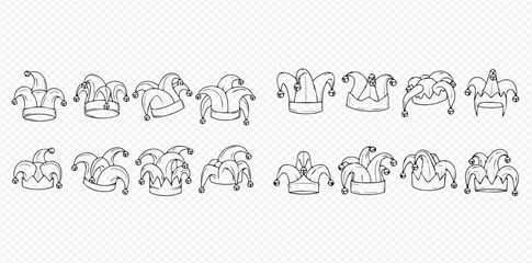 Set of hand-drawn jester hats with bells, outline doodle style for carnival and circus themes. © MuammarAuliyan