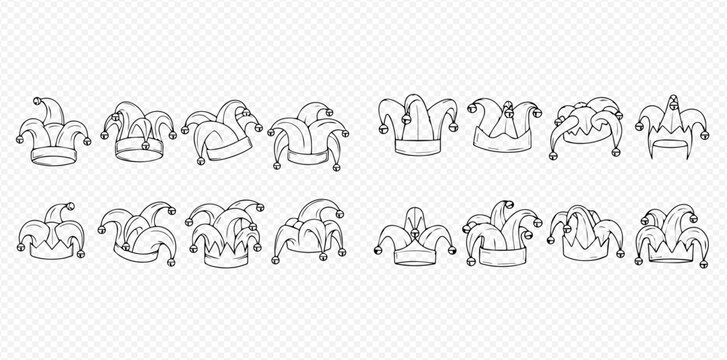 Set of hand-drawn jester hats with bells, outline doodle style for carnival and circus themes.