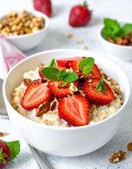 Creamy oatmeal in white bowl topped with sliced strawberries and mint on bright table