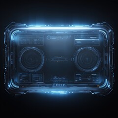 A complex blue holographic head-up display (HUD) featuring data charts, circles, and tracking elements. A high-tech user interface design for gaming, science fiction, or data analysis