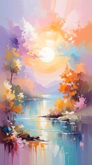 Dreamy colorful landscape painting with a river, foliage, mountains, and a sunburst sky