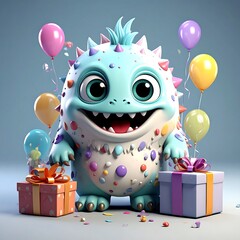 Cute, colorful monster with presents and balloons, against light blue background, confetti scattered around it