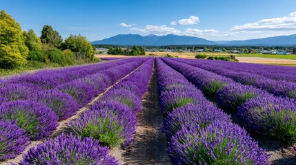 Obraz premium Beautiful Lavender Field in Full Bloom with Mountain View and Blue Sky.