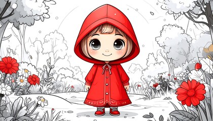Cute illustration of a girl in a red cloak standing in a grayscale field with red flowers in an animated style