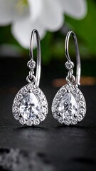 Elegant teardrop earrings with small diamonds sit against dark stone and blurred floral background