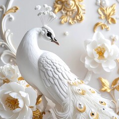 Elegant white peacock amidst ornate floral designs in white and gold, creating a sophisticated and luxurious aesthetic