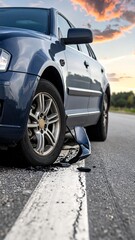 Damaged car, shattered mirror on roadside, sunset sky. Road mishap, automotive incident, travel gone wrong