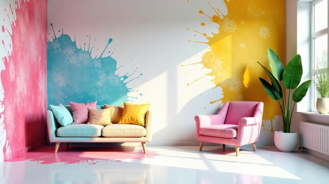 Vibrant living room interior design with pastel colored furniture and artistic splash wall art featuring soothing teal, sunny yellow, and playful pink accents.
