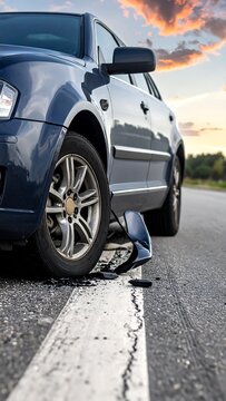 Damaged car, shattered mirror on roadside, sunset sky. Road mishap, automotive incident, travel gone wrong