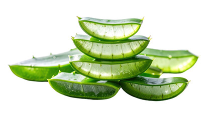 Stacked, translucent aloe vera slices against black background