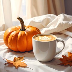 Fall still life with a pumpkin, coffee cup, and autumn leaves on a white crumpled fabric backdrop by a window
