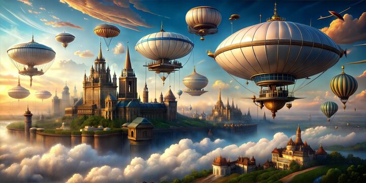 A fantastical steampunk city emerges from the clouds at sunset, adorned with an armada of majestic airships and hot air balloons