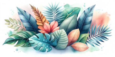 Naklejka premium Harmonious Collection of Jungle Leaves Rendered in a Modern Watercolor Aesthetic