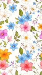 Floral bloom pattern various pastel blossoms, delicate green foliage, set against a creamy white backdrop